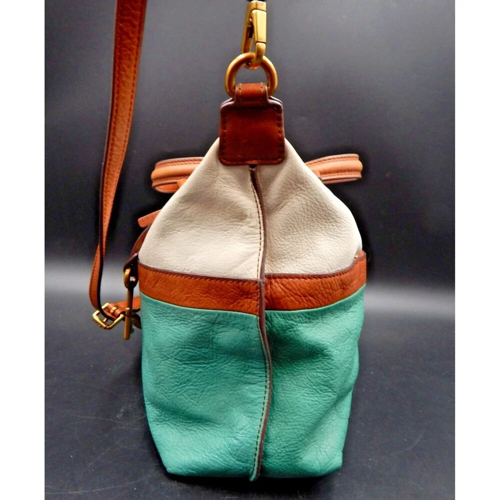 Fossil 1954 Julia Satchel Purse Multi Teal White Leather Handbag Brown Accent